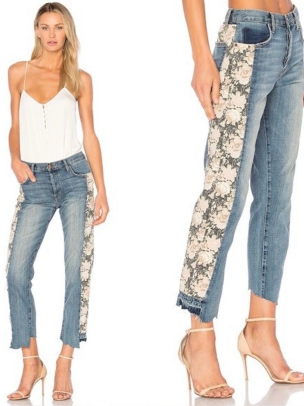 Current/Elliott Step Hem Floral Panel Jeans Women’s Size 24 Cropped Raw Hem USA
